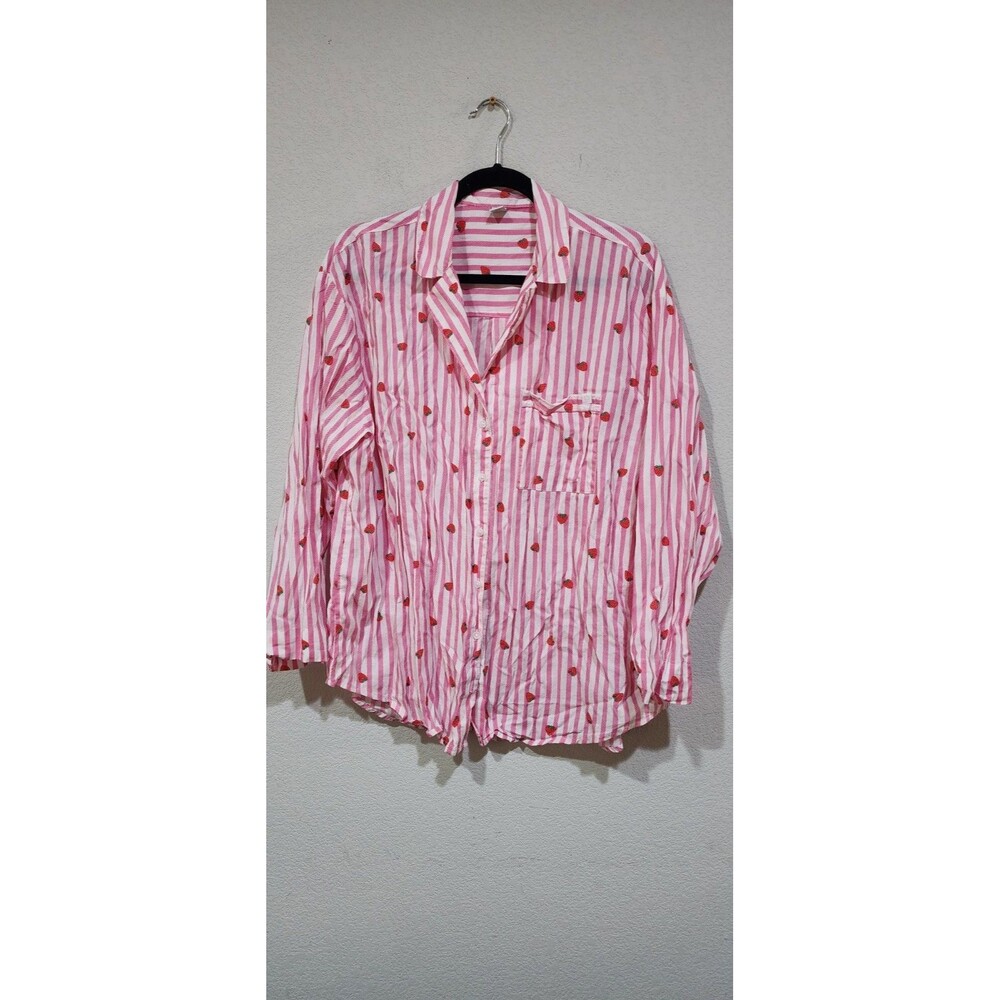 Old Navy Button Up Shirt Womens L Pink White Striped Pajama Long Sleeve Top
